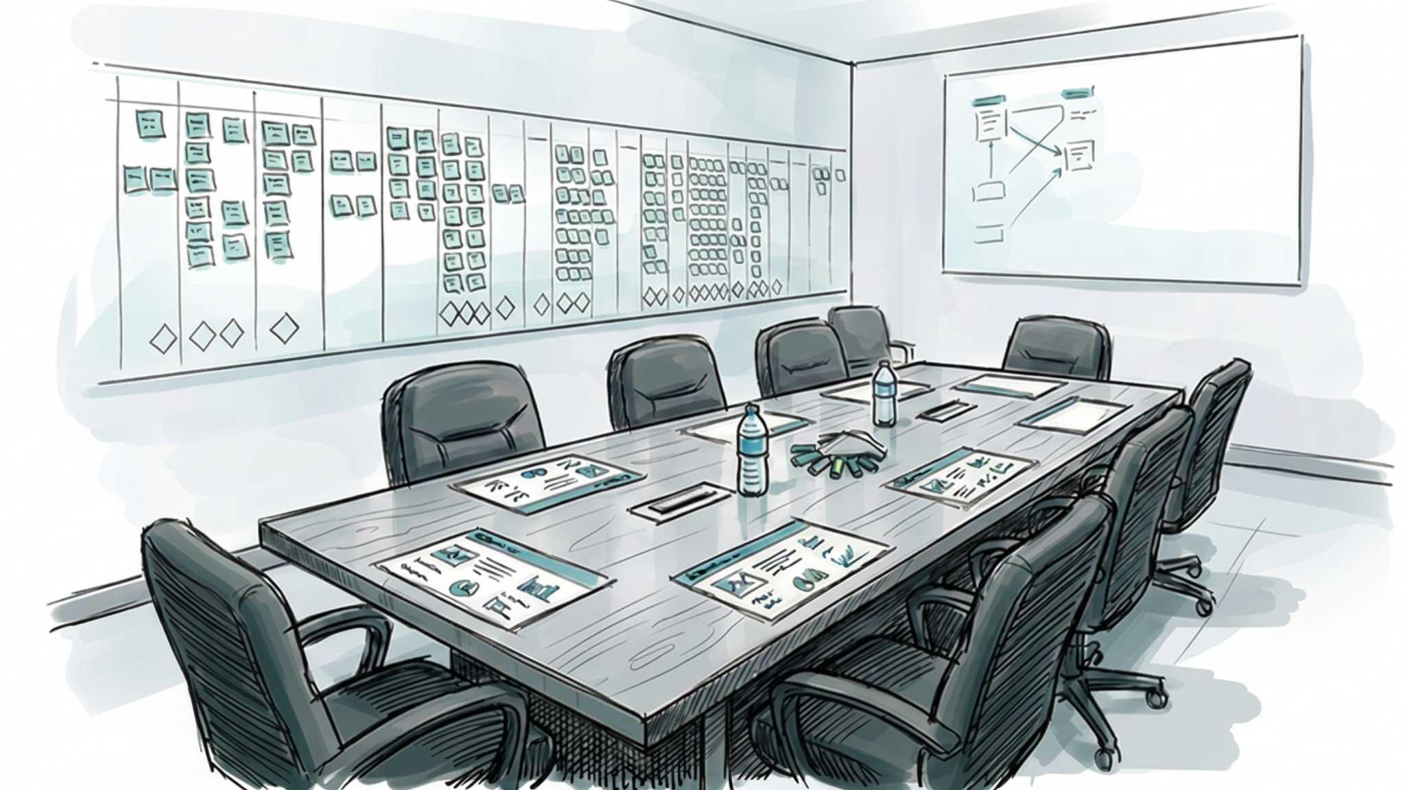 A Stead Global Briefing Room: scheduling boards lined with planning cards cover the wall, project documents laid out on the conference table